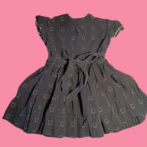 Vintage Girls Dress 4 1950's Atomic Black Geometric Print Belted Waist Cotton